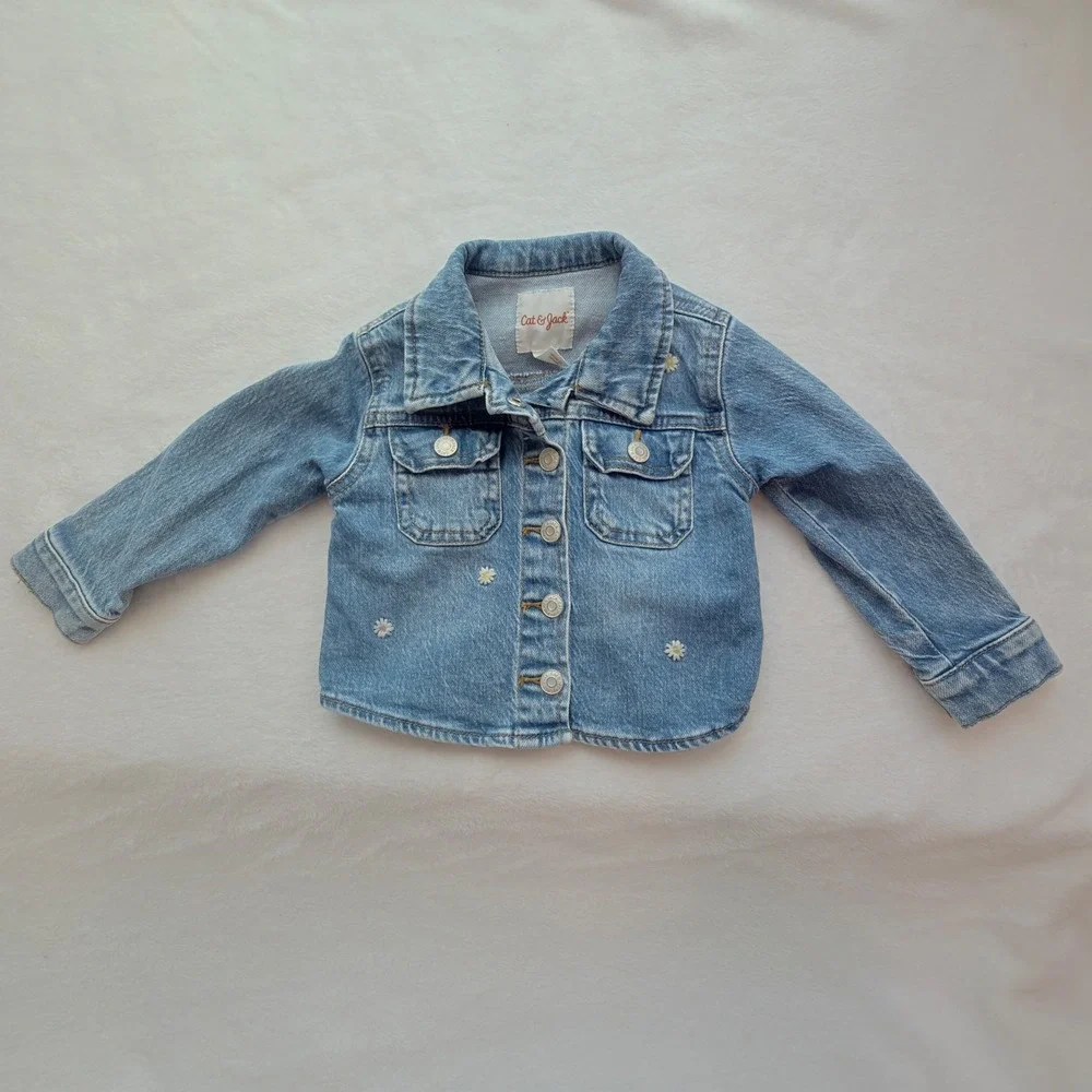 Cat & Jack Denim Jacket Kids 18M Blue Excellent Daisy Floral Embroidered Jean